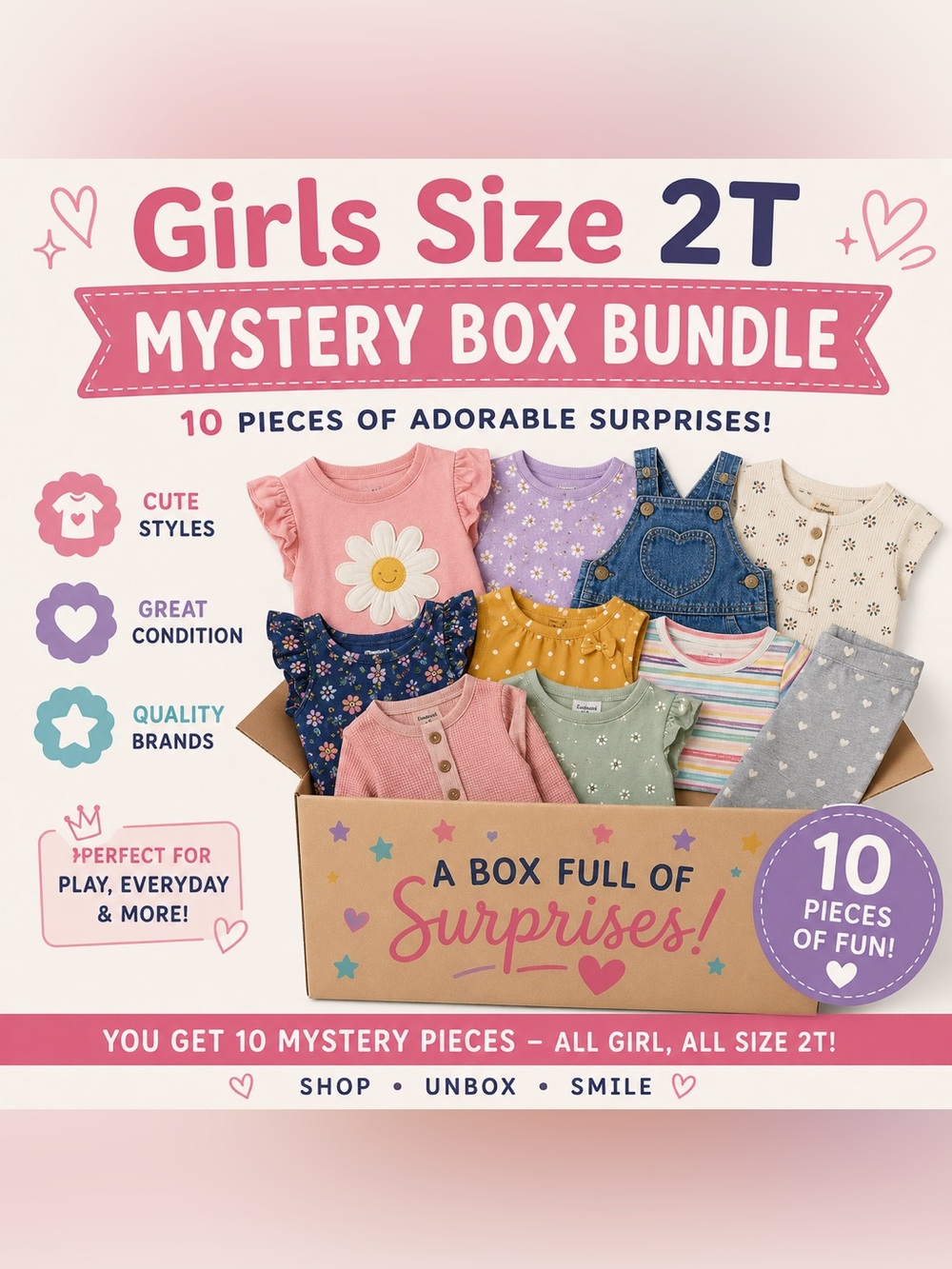 Girls Size 2T Mystery Box Bundle 10 Pieces Surprise Clothing Lot